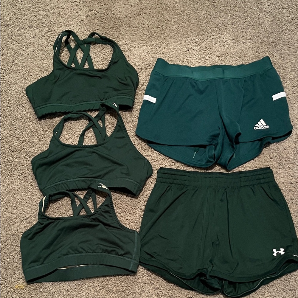 Adidas Women's Dark Green Sports Bra and Shorts Set 2 shorts 3 bras
